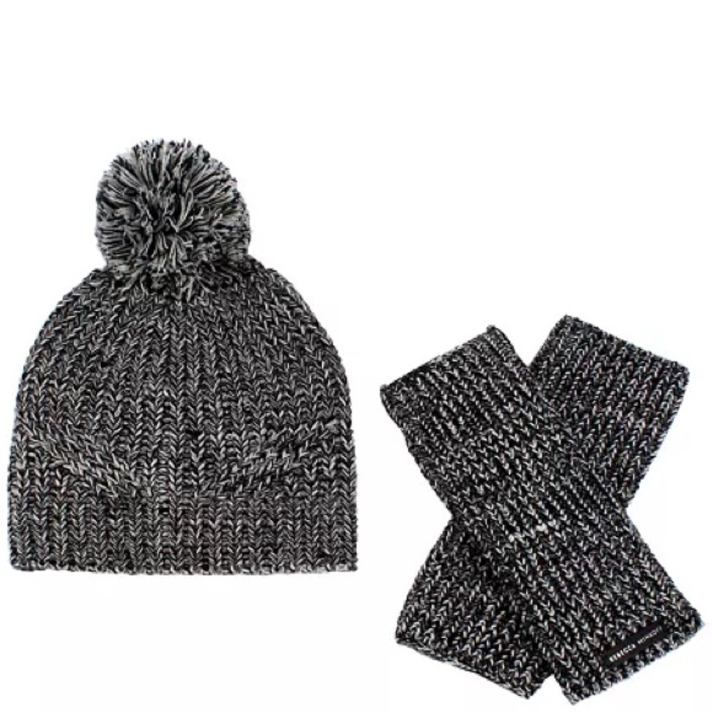 Cozy Black & White Knit Pom Beanie and Fingerless Gloves Set